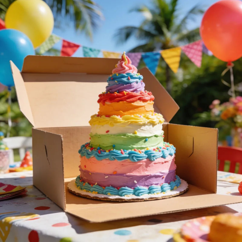 A tall rainbow birthday cake intact in an open box at a sunny party