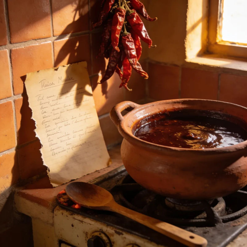 A clay pot of dark sauce on an old stove beside a handwritten recipe card