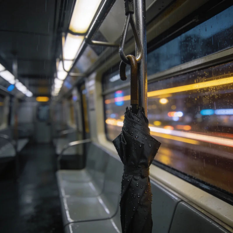 A wet umbrella hooked on a pole in an empty metro carriage on a rainy evening