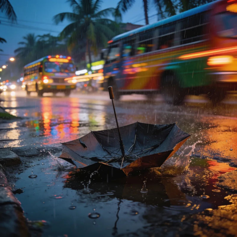 A broken umbrella in a puddle on a rainy street with colorful bus lights