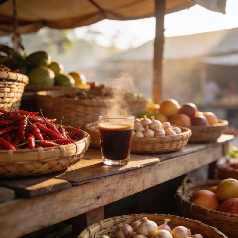 A glass of steaming coffee on a morning market stall with baskets of chilies