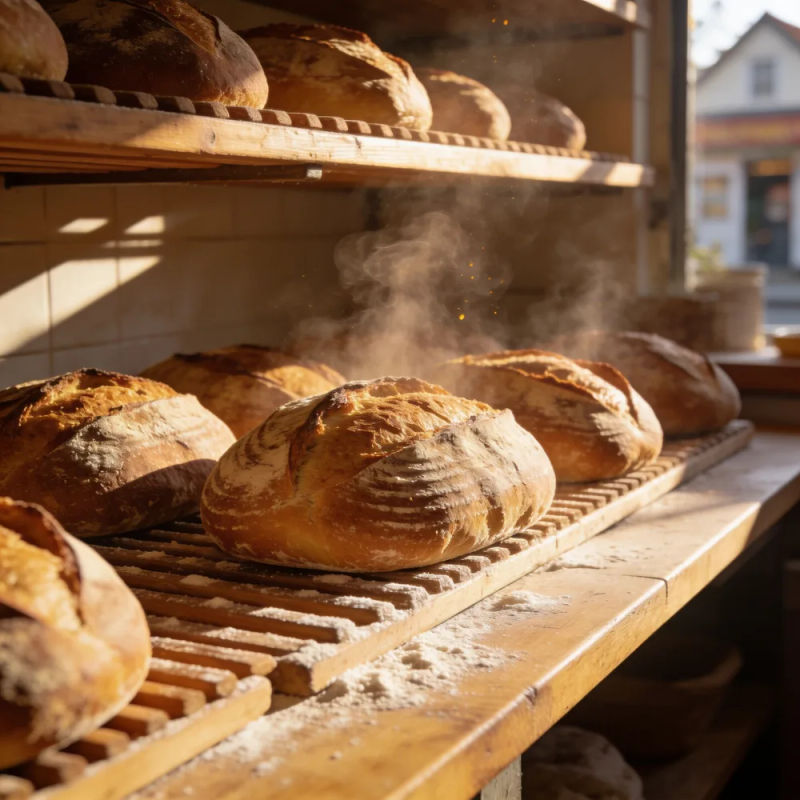 Knusprige Brote kühlen auf einem Holzgitter in einer kleinen Bäckerei im Morgengrauen