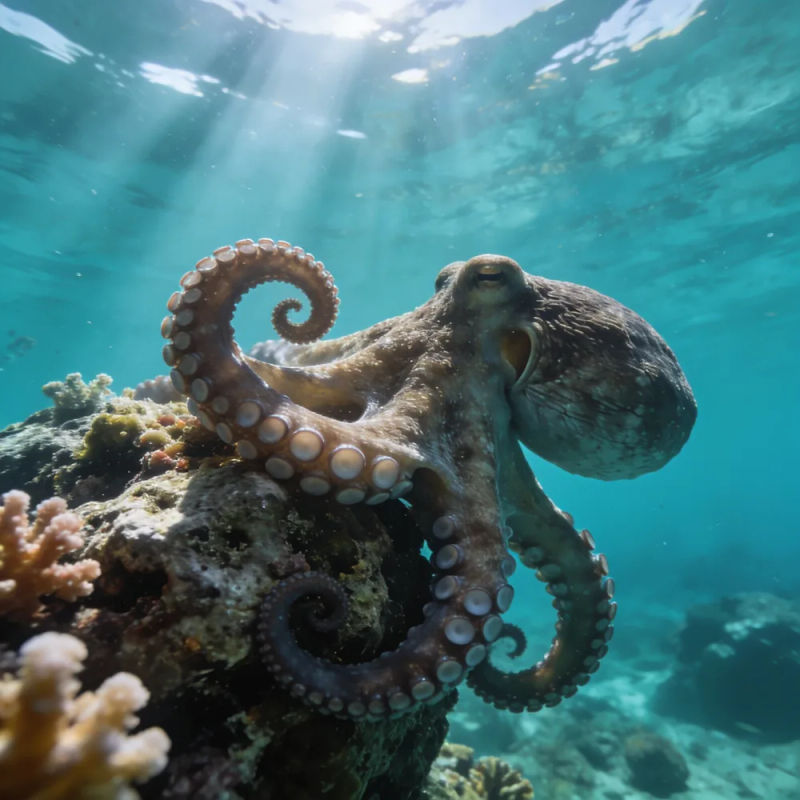 Ein Oktopus schlingt seine Arme um einen Korallenfelsen in klarem türkisfarbenem Wasser