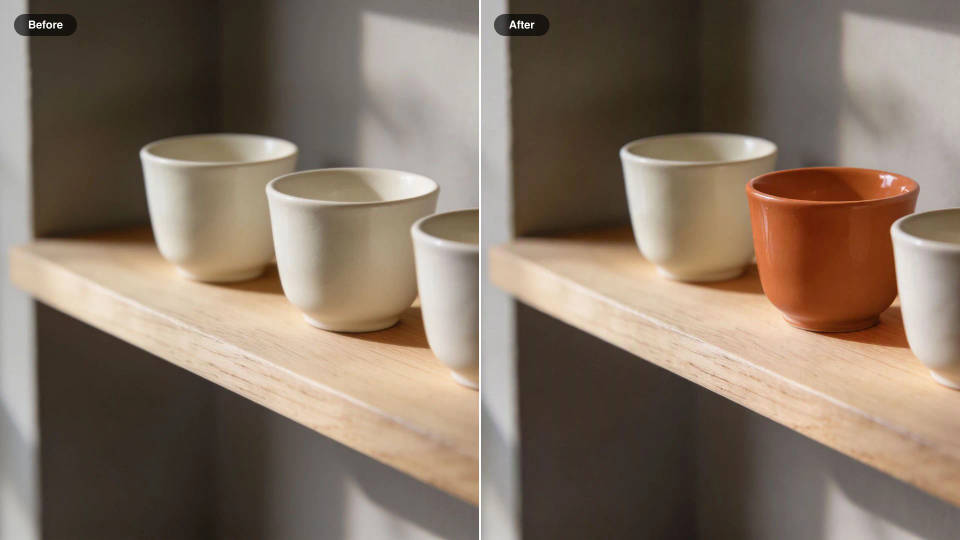 Antes y después de tres tazas de espresso color crema sobre un estante de roble, con solo la taza del medio recoloreada en naranja quemado