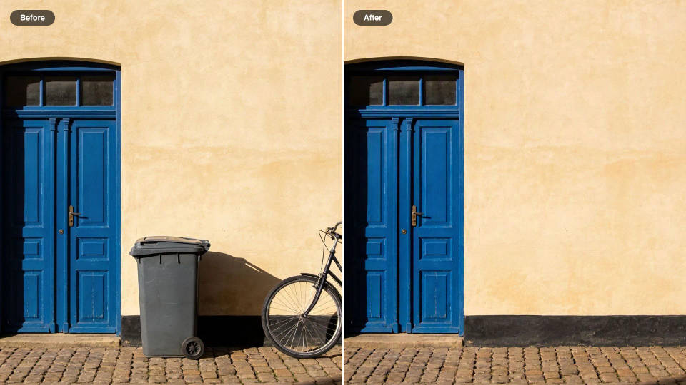 Antes y después de una puerta azul sobre un muro de yeso, sin la bicicleta recargada ni el bote de basura