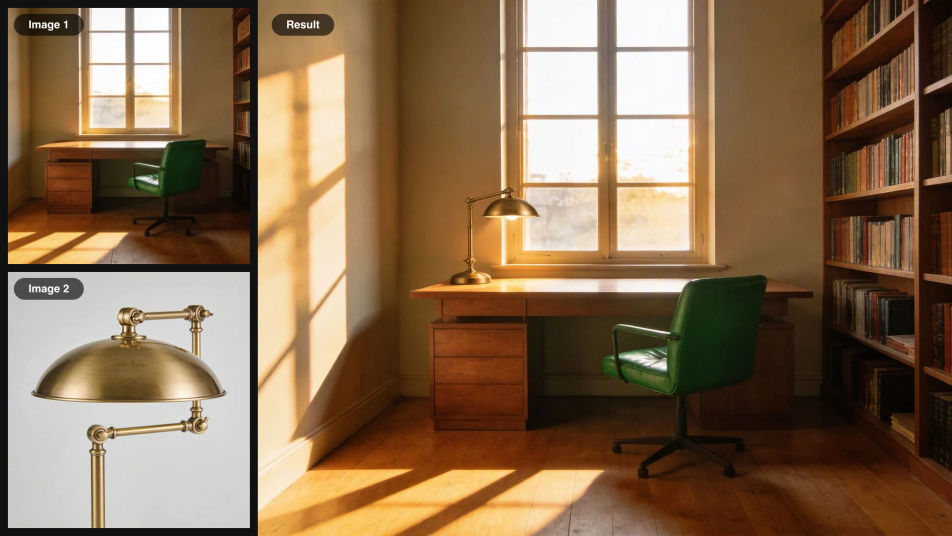 A brass desk lamp photo and an empty study photo as inputs, combined into one image of the lamp lit on the study desk