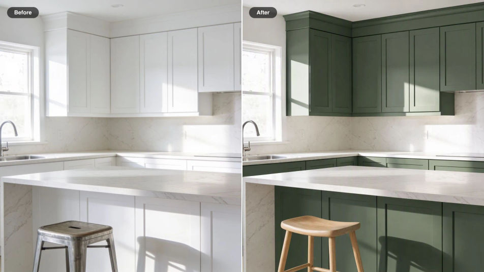 Before and after of a white kitchen, the cabinets recolored deep green, a metal stool swapped for oak, and a fern added