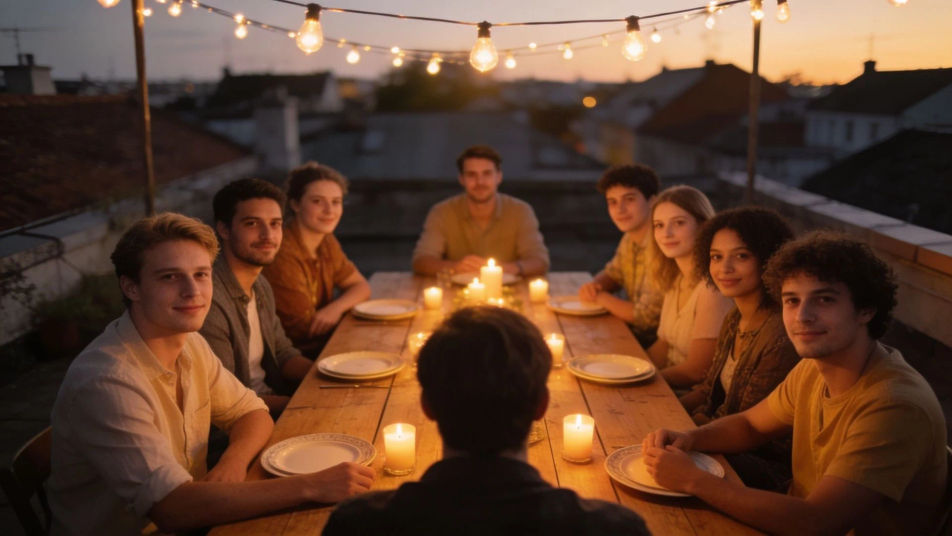 A rooftop dinner at dusk with eight friends around a long table, each guest in a distinct seat under string lights