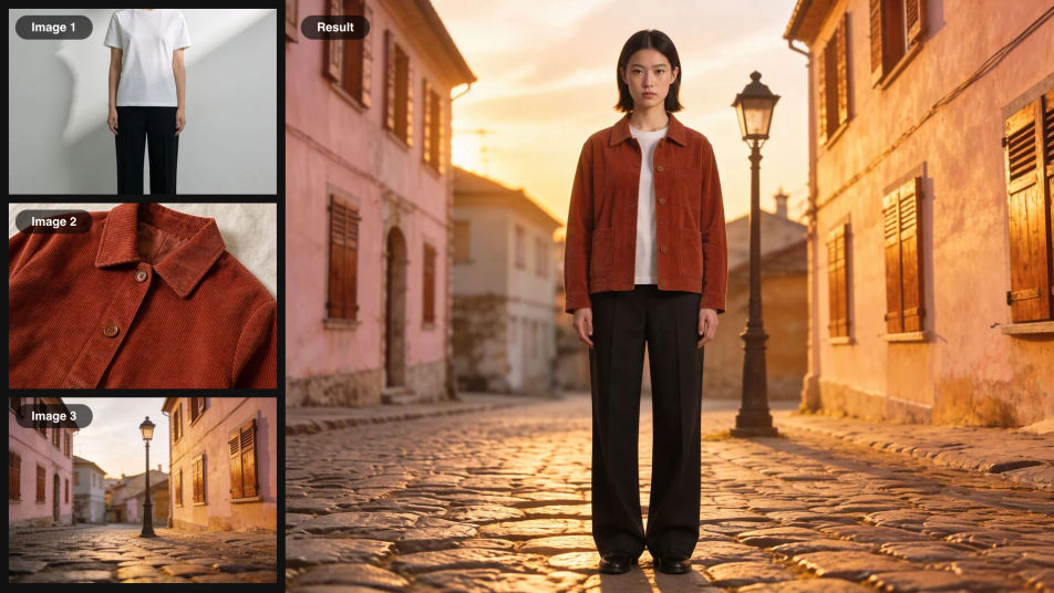 A portrait, a rust corduroy jacket, and a cobbled street as inputs, combined into one full-length lookbook photo