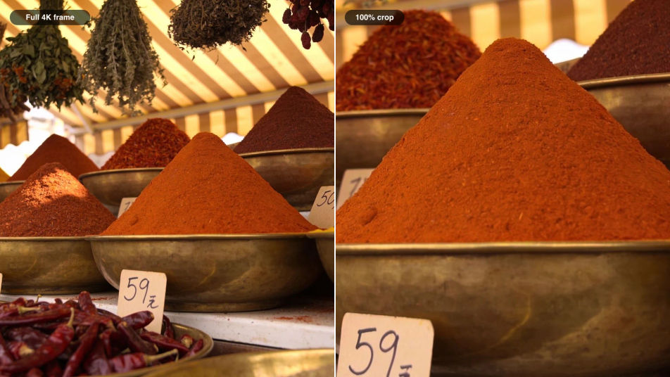 A wide 4K photo of a spice market stall beside a close crop of the same frame showing grains of saffron and paprika