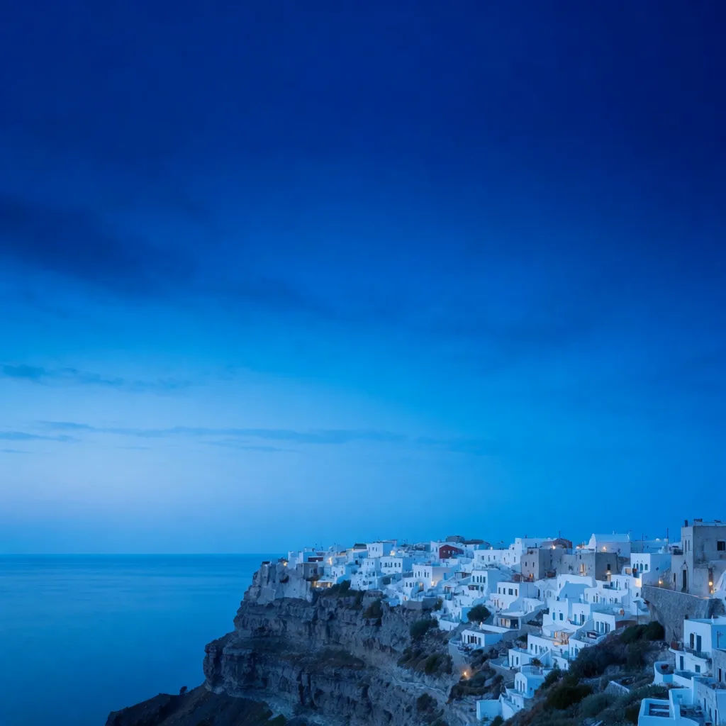 Ein Bergdorf zur blauen Stunde mit der See darunter