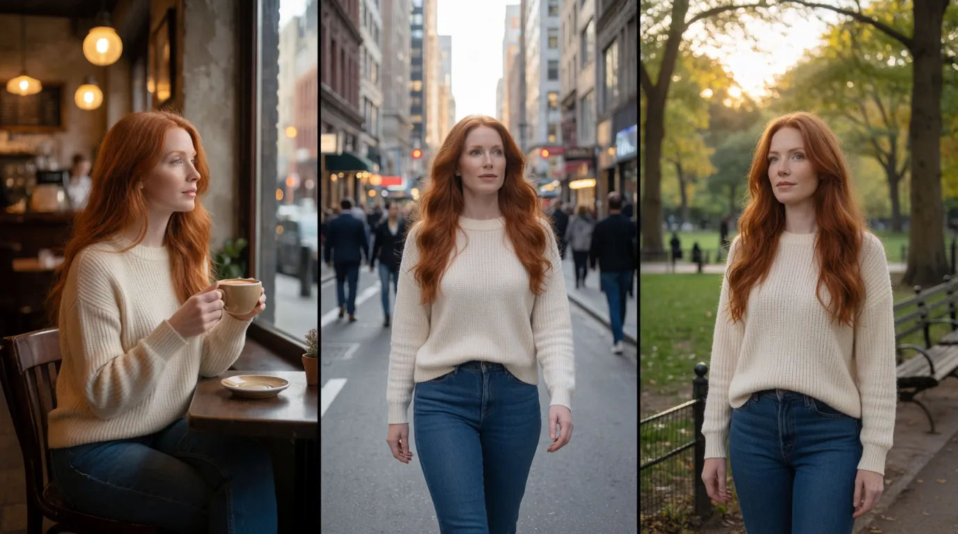 La même femme rousse tenue constante à travers trois scènes