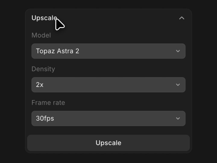 The Upscale section in the Details panel, with Model, Density and Frame rate fields and an Upscale button