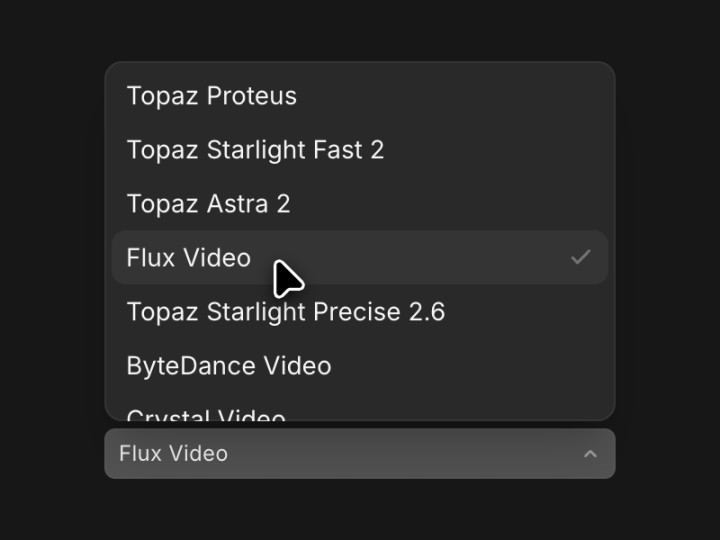 The upscale model list with Flux Video selected