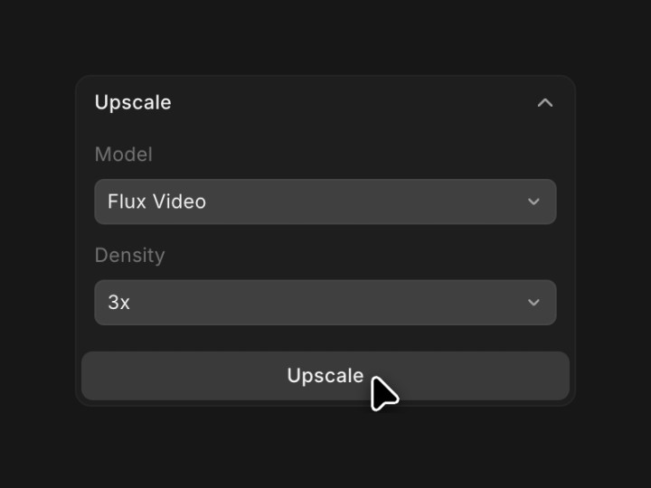 The Upscale section set to Flux Video at 3x, with the cursor on the Upscale button