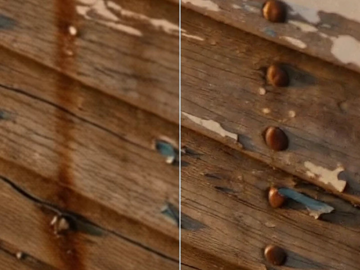 A boat hull at full size: a soft standard resize on the left, the sharper upscale on the right