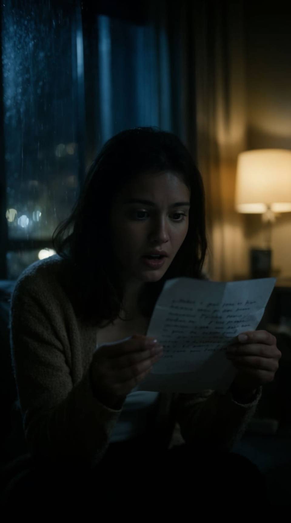 A young woman reads a letter by lamplight in a dim apartment at night, rain on the window behind her