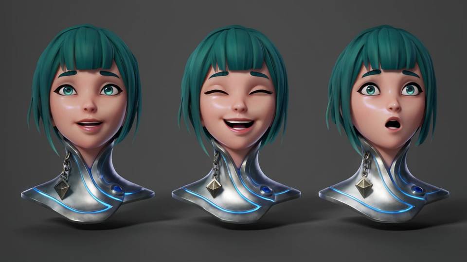 Three 3D-rendered busts of the same teal-haired character looking determined, laughing, and surprised