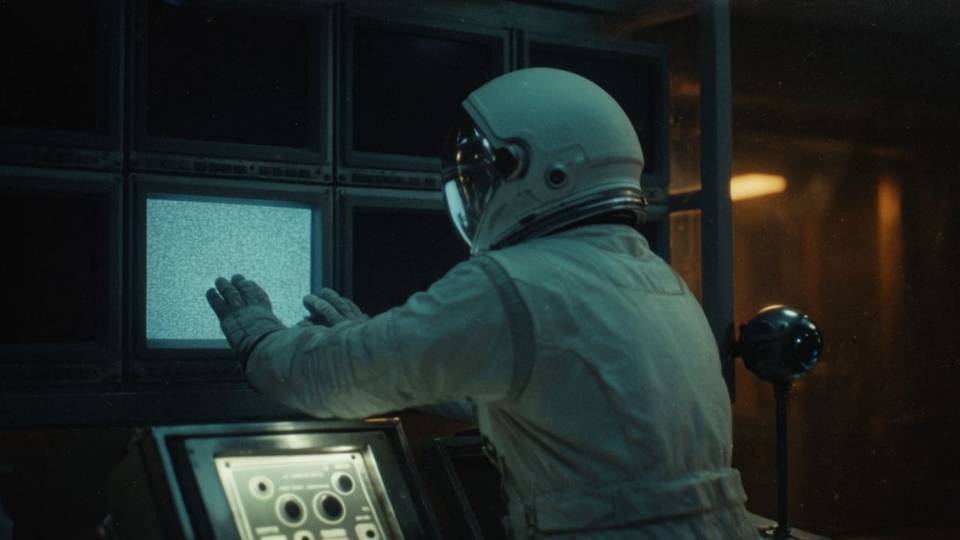 An astronaut in a white suit leans toward a wall of dead monitors as one flickers on in a dark space station