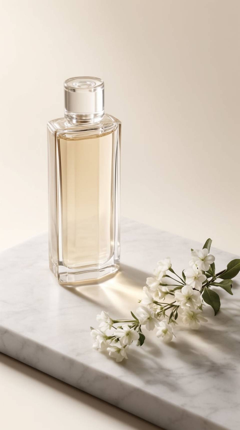 A plain faceted perfume bottle on white marble beside a sprig of white blossom in soft morning light