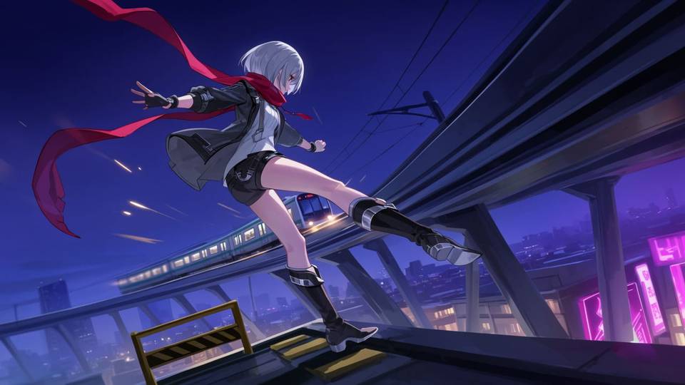 An anime-style girl in a red scarf leaps between rooftops above a neon city at night