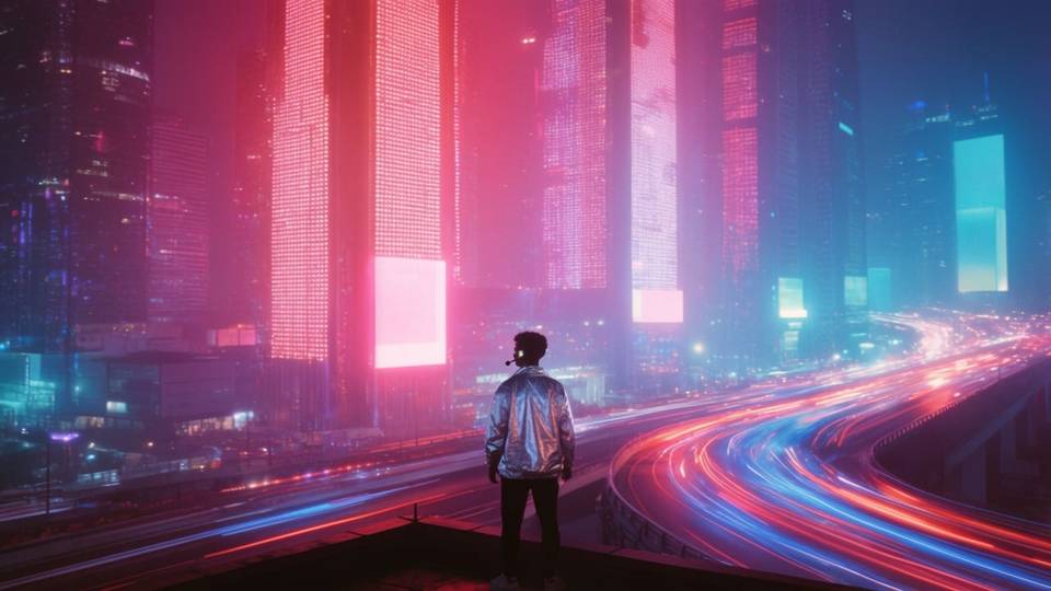 A figure in a silver jacket stands on a rooftop above a neon highway streaked with light trails