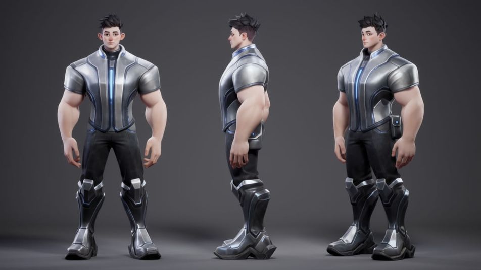 Un personaje de videojuego con armadura, en render 3D, visto de frente, de lado y en tres cuartos sobre un fondo gris
