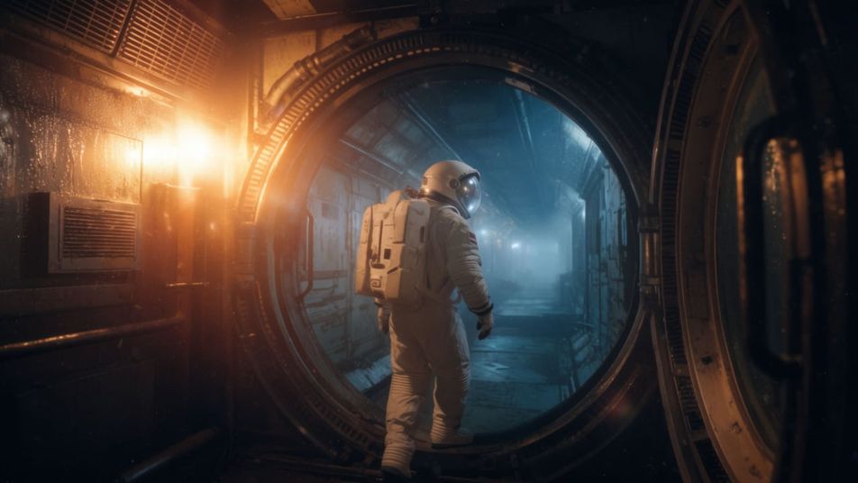 Un astronauta con traje blanco cruza una escotilla circular hacia el pasillo oscuro y abandonado de una estación espacial
