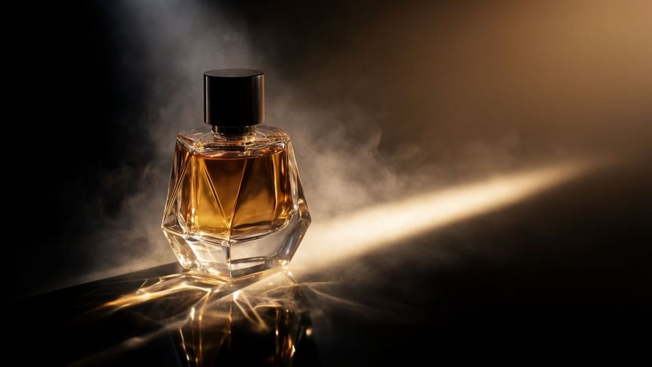 Un frasco de perfume de vidrio sin etiqueta sobre piedra negra, iluminado por un solo haz cálido entre la bruma