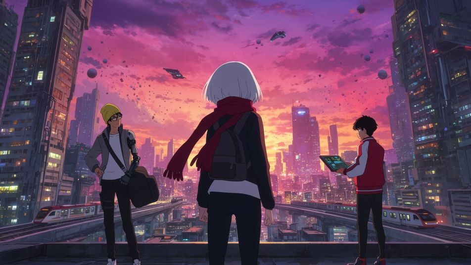 Tres adolescentes de estilo anime miran desde una azotea una ciudad futurista bajo un atardecer rosa