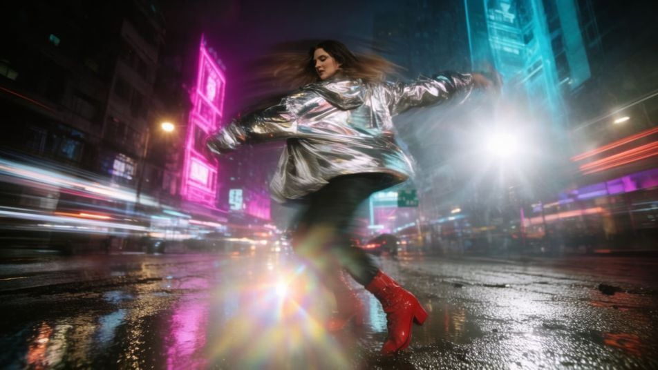 Una bailarina con chamarra plateada gira en una calle mojada de noche, con estelas de luz detrás