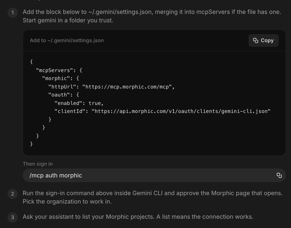 Gemini CLI setup steps on the Morphic MCP settings page: a settings.json block, the /mcp auth morphic command, and a test prompt