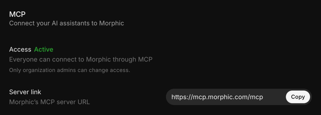 Morphic MCP settings page showing Access Active and the server link with a Copy button