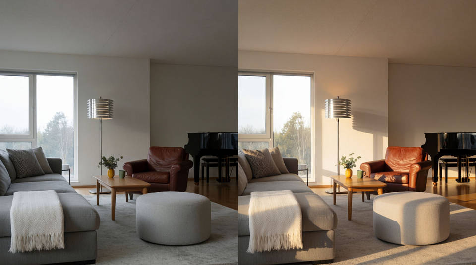 The same living room split in two, flat midday light on the left and golden dusk on the right