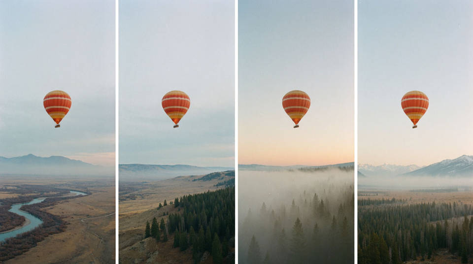 Four-panel filmstrip of a striped hot-air balloon drifting across an alpine valley at dawn