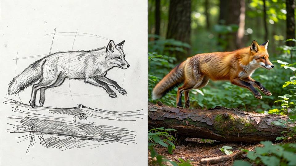 A pencil sketch of a leaping fox beside the same pose rendered as a photoreal fox in a forest
