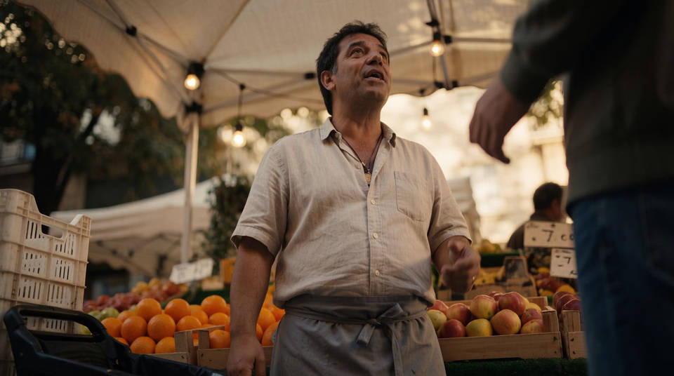 A market vendor speaking warmly over crates of oranges in late afternoon sun