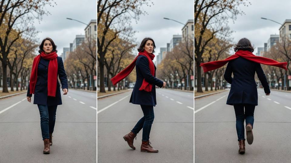 Three panels of the same woman in a red scarf walking, turning back, then running