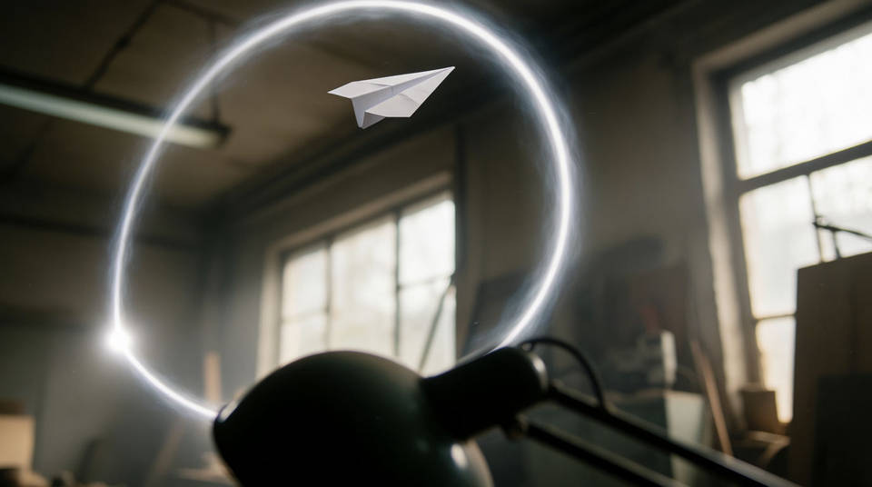 A paper plane flying a loop traced by a closed trail of light in a dim workshop