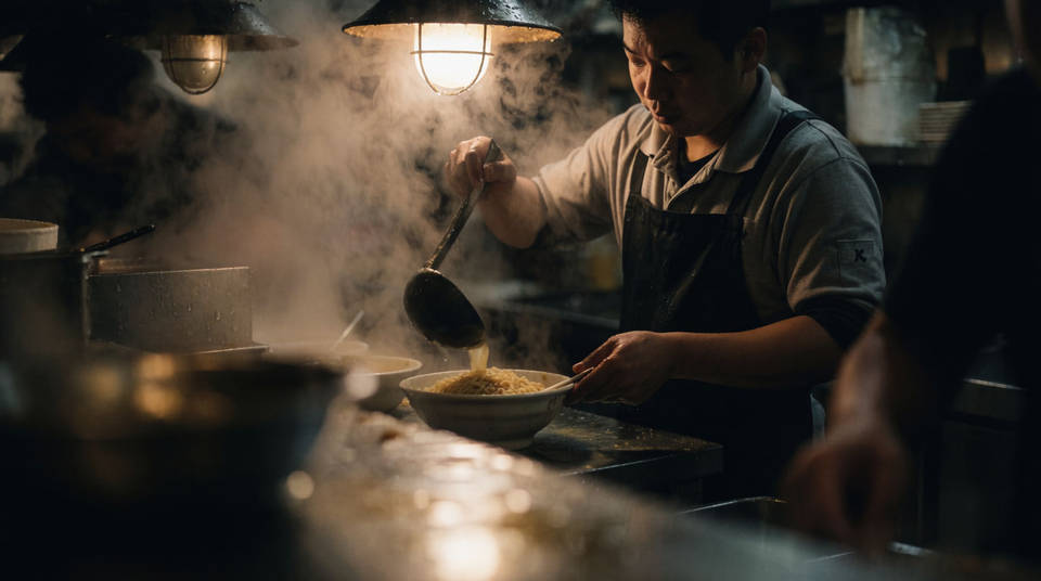 A busy ramen kitchen at night with steam rising through hanging lamps as a cook plates noodles