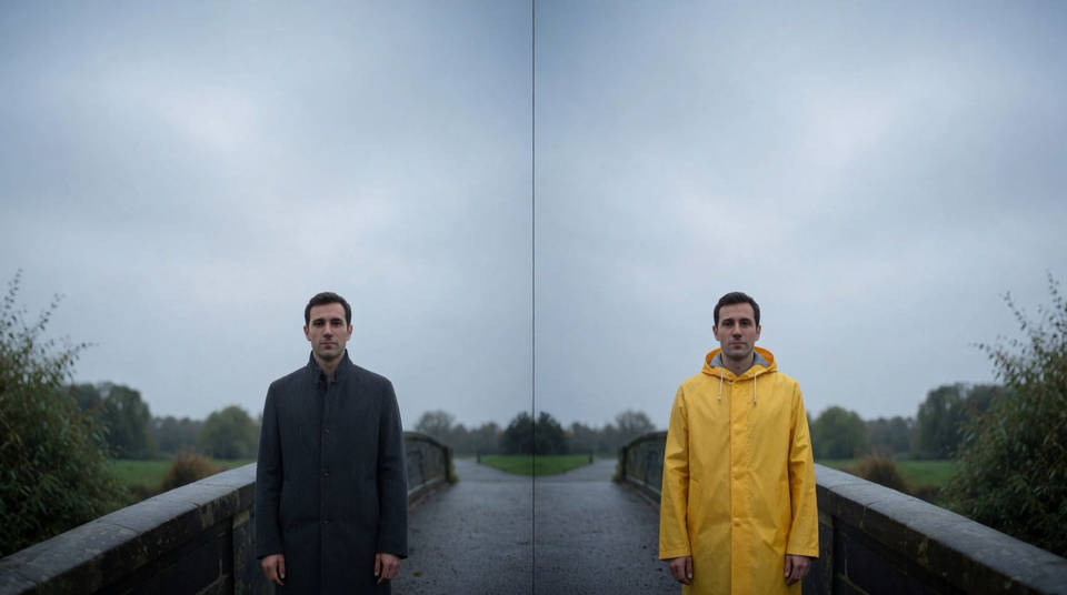 Split frame of the same man on a rainy stone bridge, charcoal coat on the left and yellow raincoat on the right