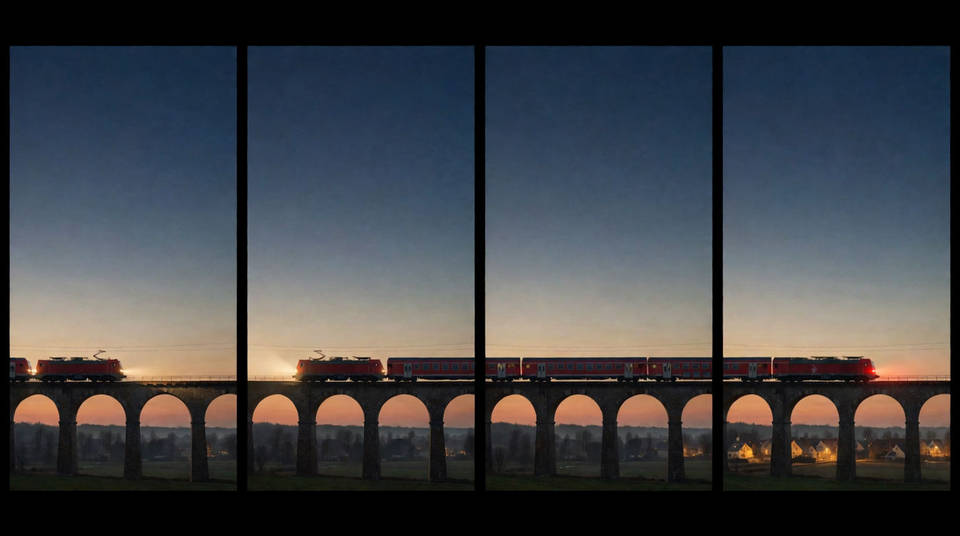 Four-panel filmstrip of a red train crossing a stone viaduct at dusk toward a lit village