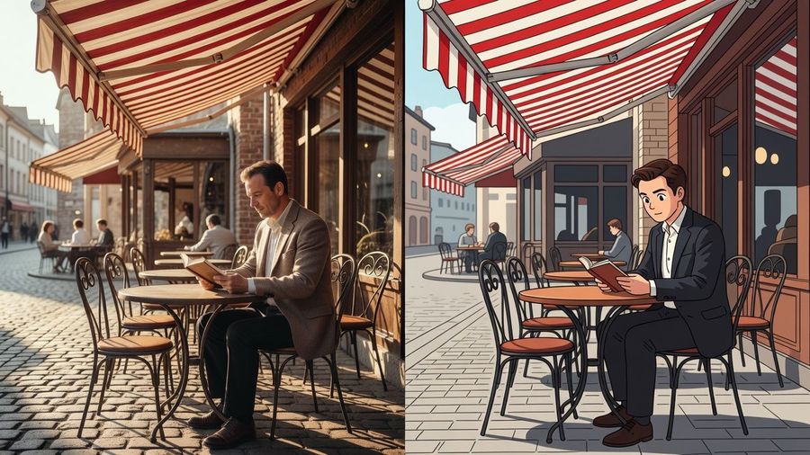 Split frame of the same street cafe scene, photoreal on the left and anime on the right
