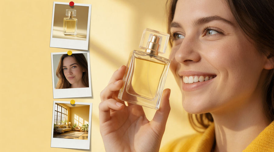 Reference cards of a bottle, a model, and a location pinned beside the finished perfume ad frame