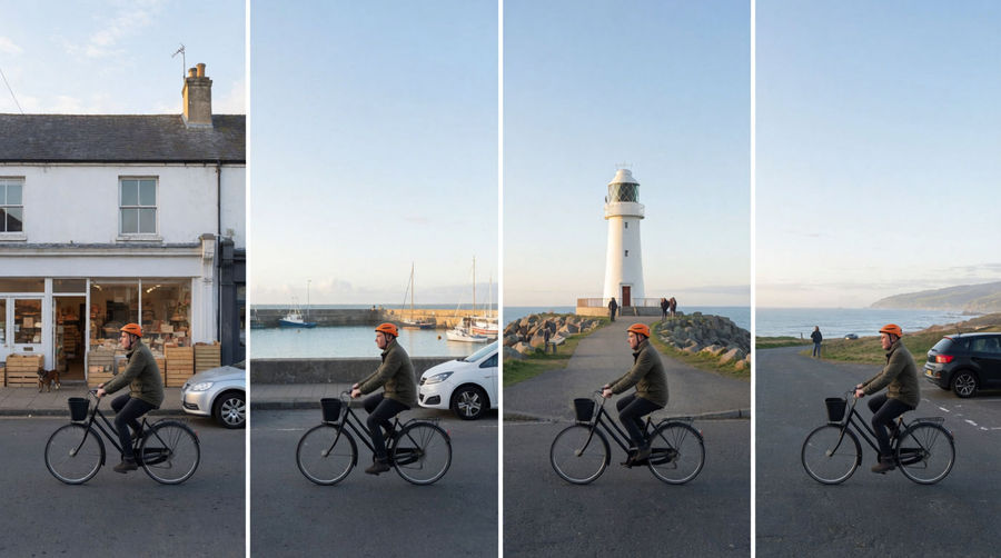 Four-panel filmstrip of the same cyclist riding through a bakery street, harbor, lighthouse, and coast road