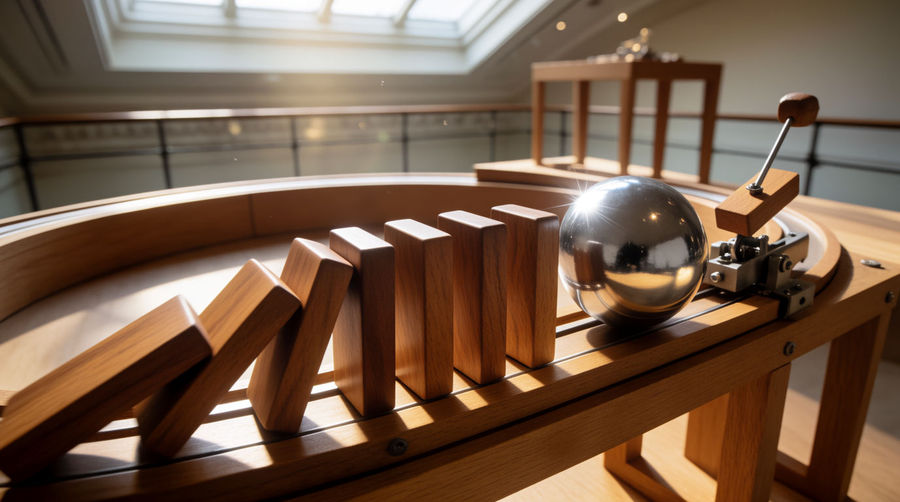 A kinetic sculpture of dominoes tipping a steel marble onto a curved wooden track