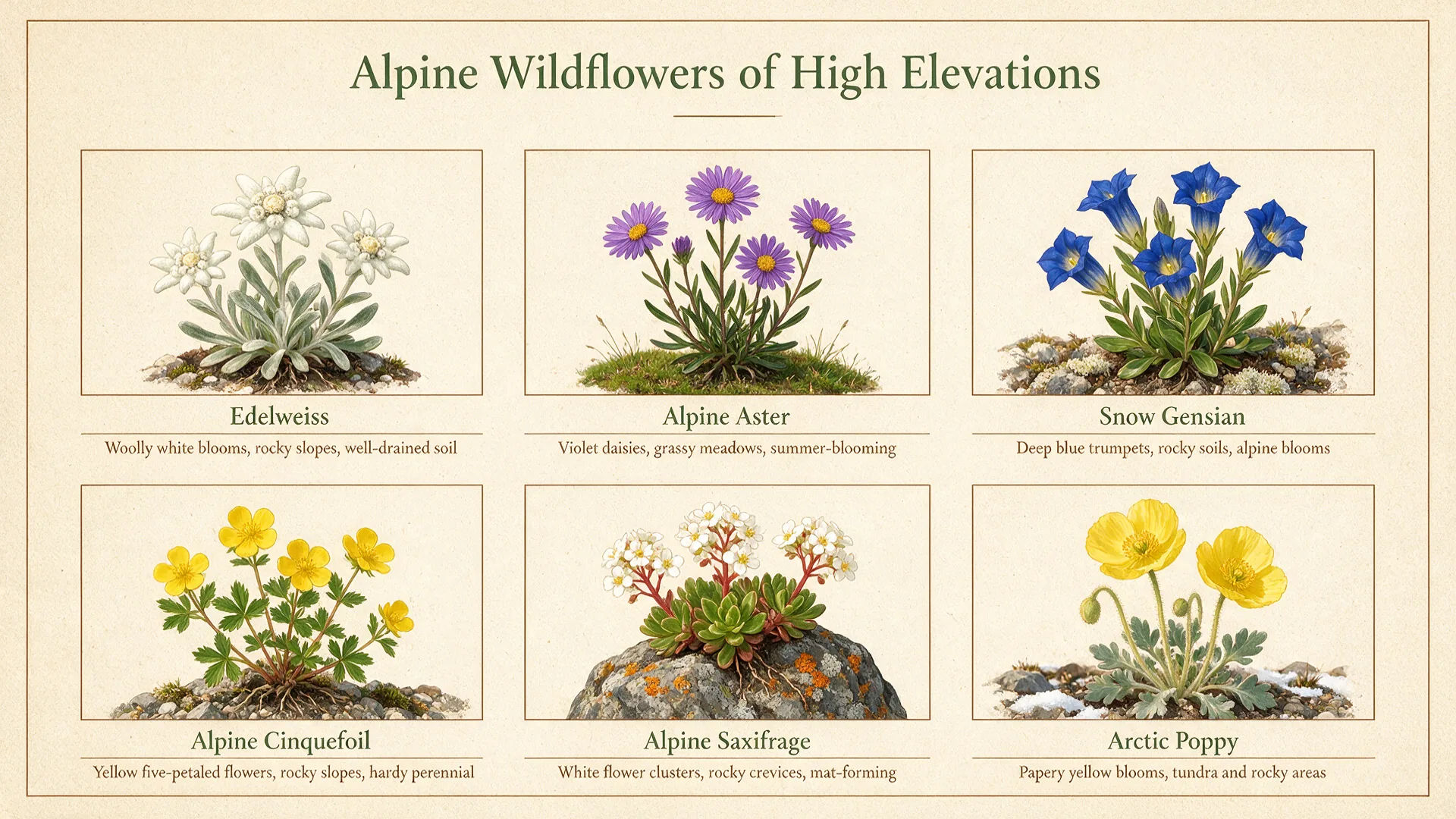 A field-guide infographic of six alpine wildflowers, each labeled with a short caption