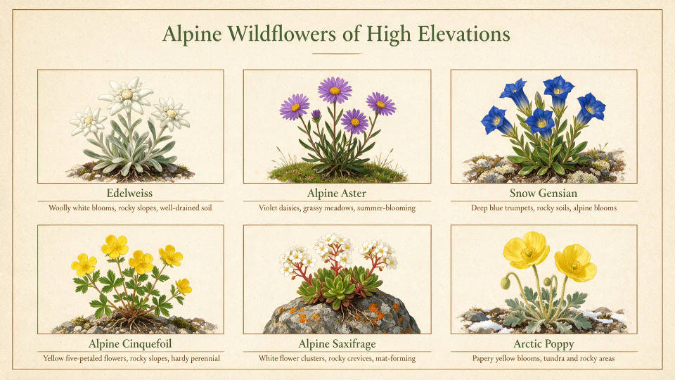 Um infográfico de guia de campo com seis flores silvestres alpinas, cada uma identificada com uma legenda curta