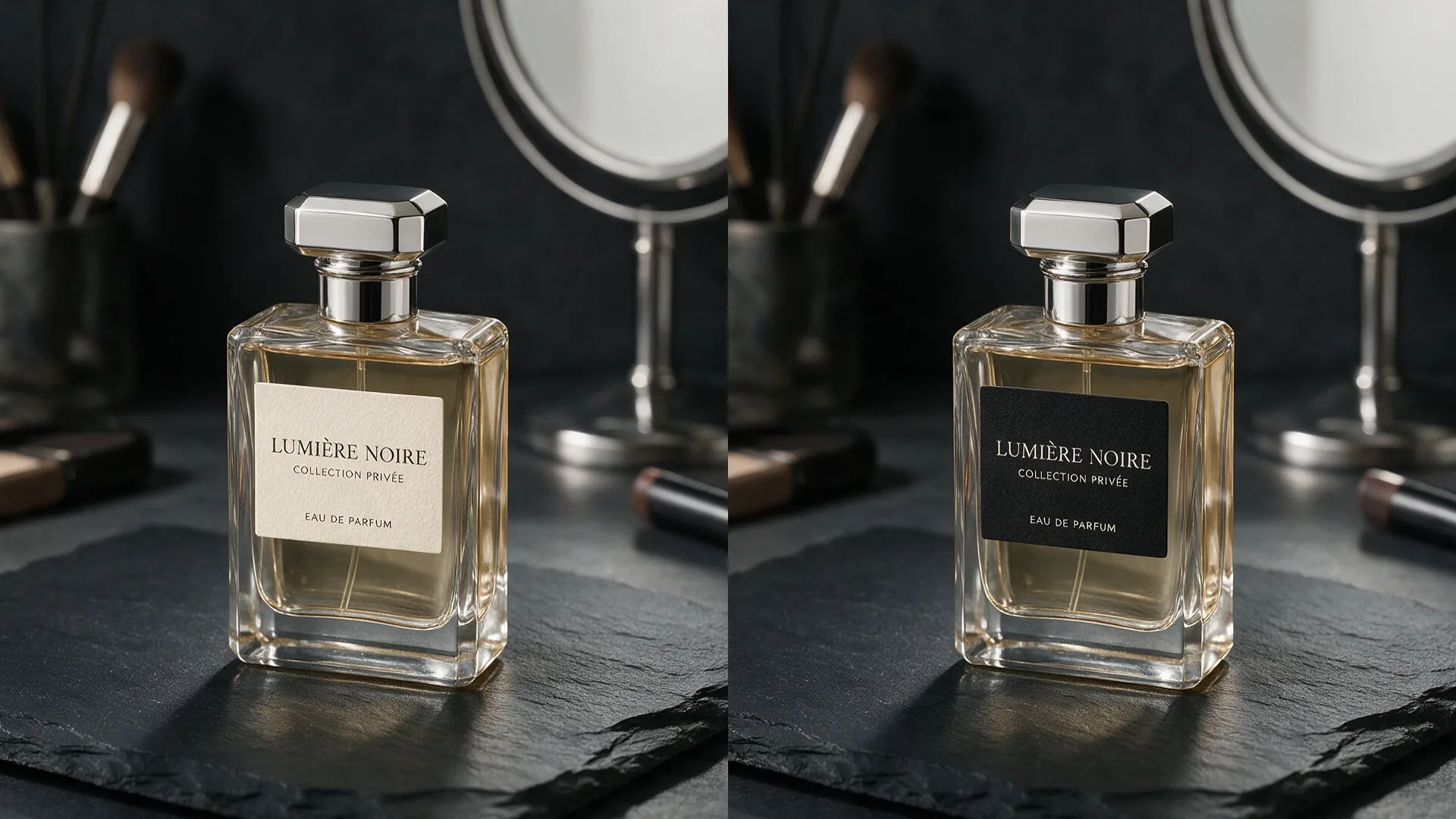 Before and after of the same perfume bottle, cream paper label changed to matte black