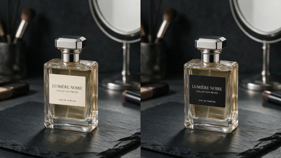 Before and after of the same perfume bottle, cream paper label changed to matte black